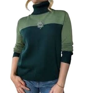 ST JOHN Santana Knit Turtleneck Sweater Green Crest Logo Wool Blend Sz L Vintage